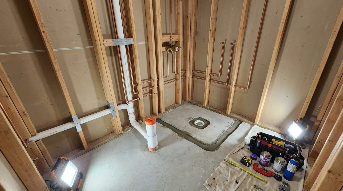 Bathroom rough-in plumbing during remodel by Johns Plumbing LLC in Brodhead