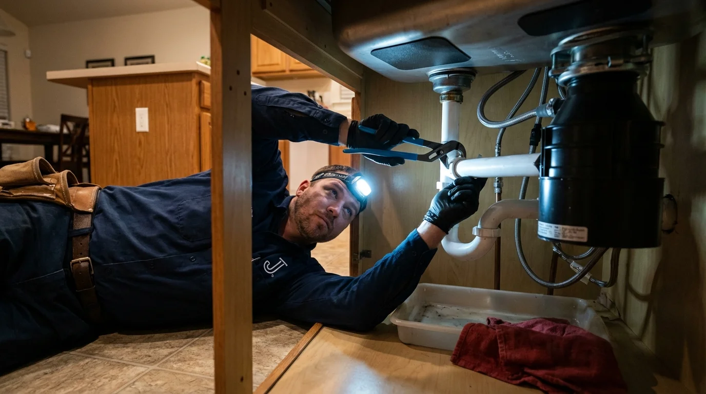 P-trap and supply line connections under a kitchen sink showing a common leak point in Brodhead, KY